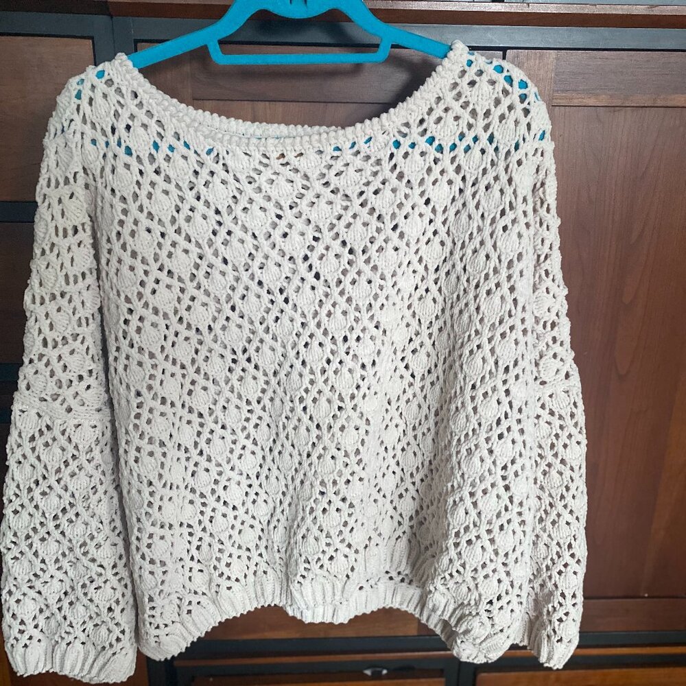 POL Chunky Chenille Crochet Open Knit Sweater, Off-white, Medium